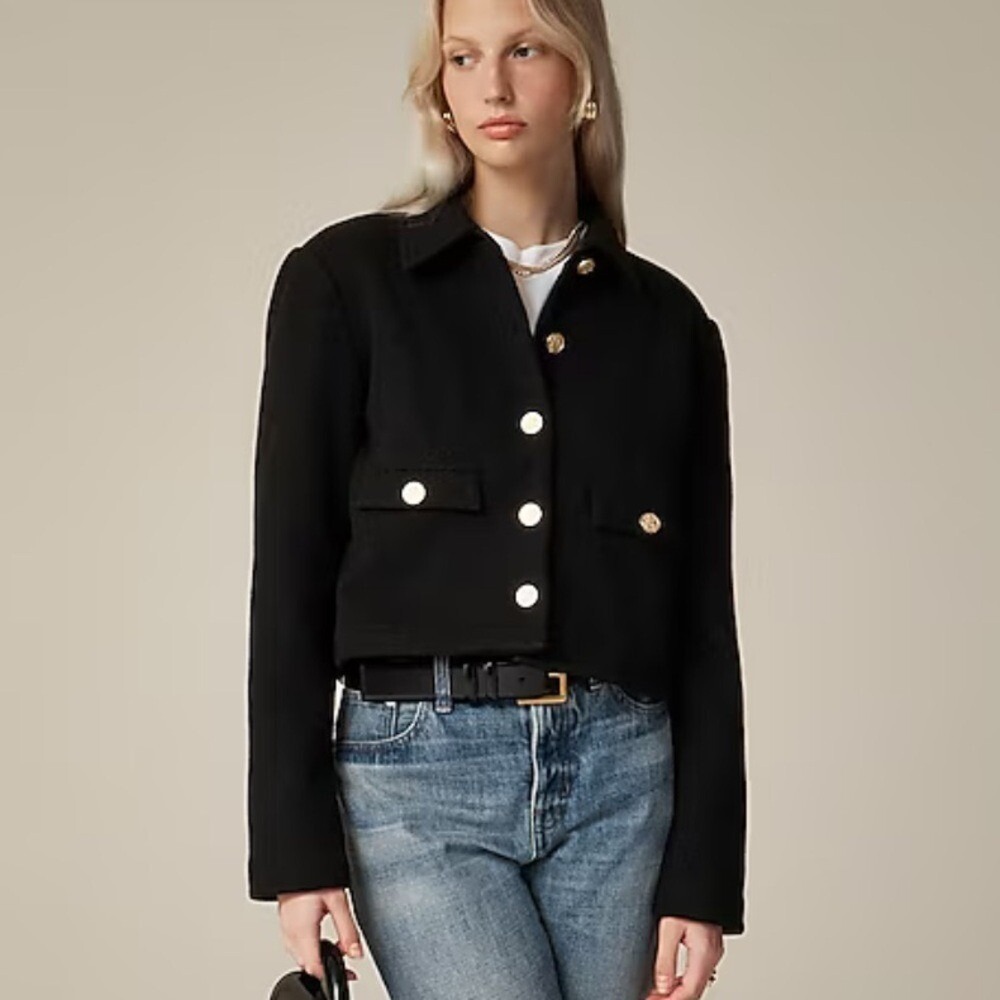 J. Crew Black Cropped Bomber Jacket with Gold-Tone Buttons